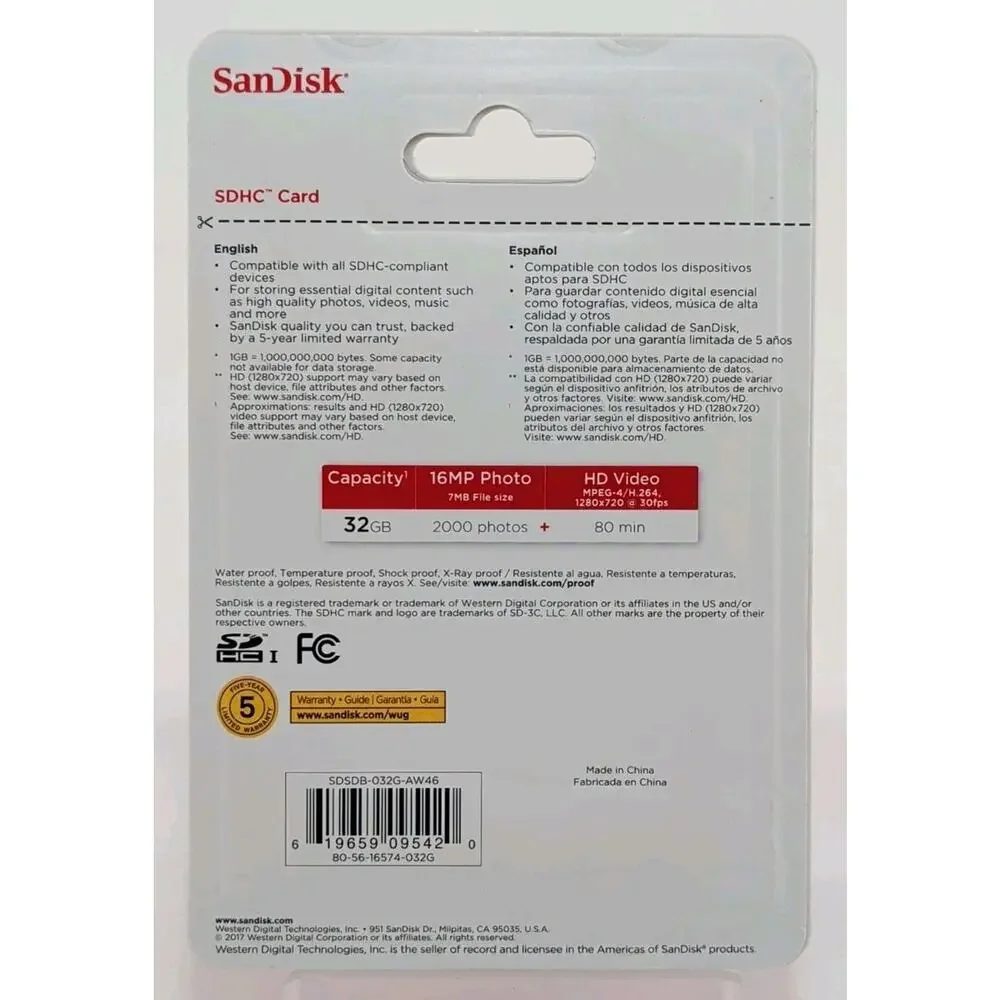SanDisk 32GB SDHC Memory Card Class 4 HD Video SDSDB-032G-A46C New Sealed